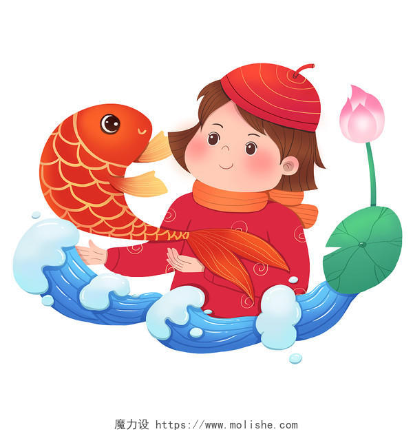 喜庆中国红新年女孩与锦鲤对视图年年有余元素